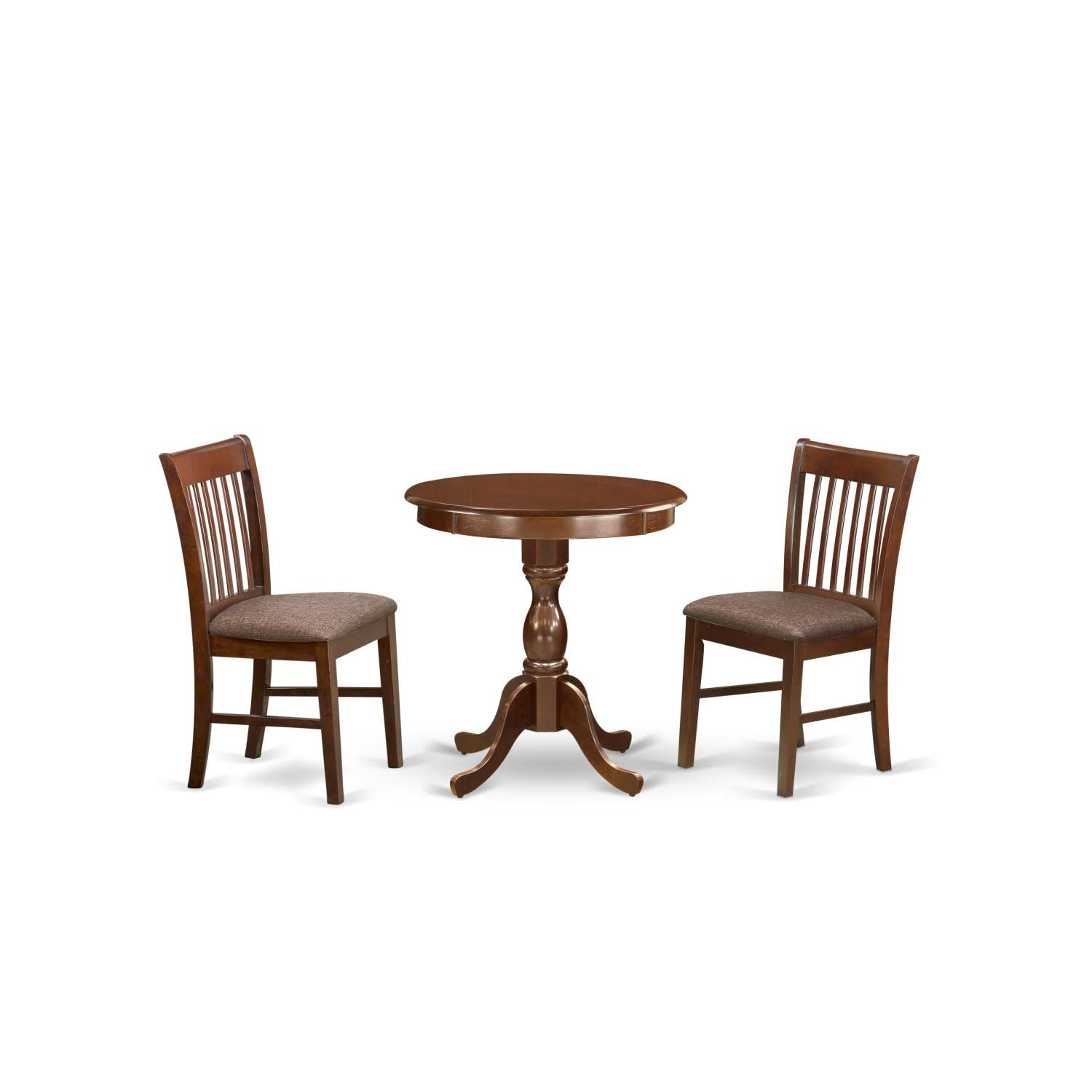 East West Furniture Esnf3-Mah-C 3 Piece Dinette Set For Small Spaces Contains A Round Dining Table With Pedestal And 2 Linen Fabric Dining Room Chairs, 30X30 Inch, Mahogany